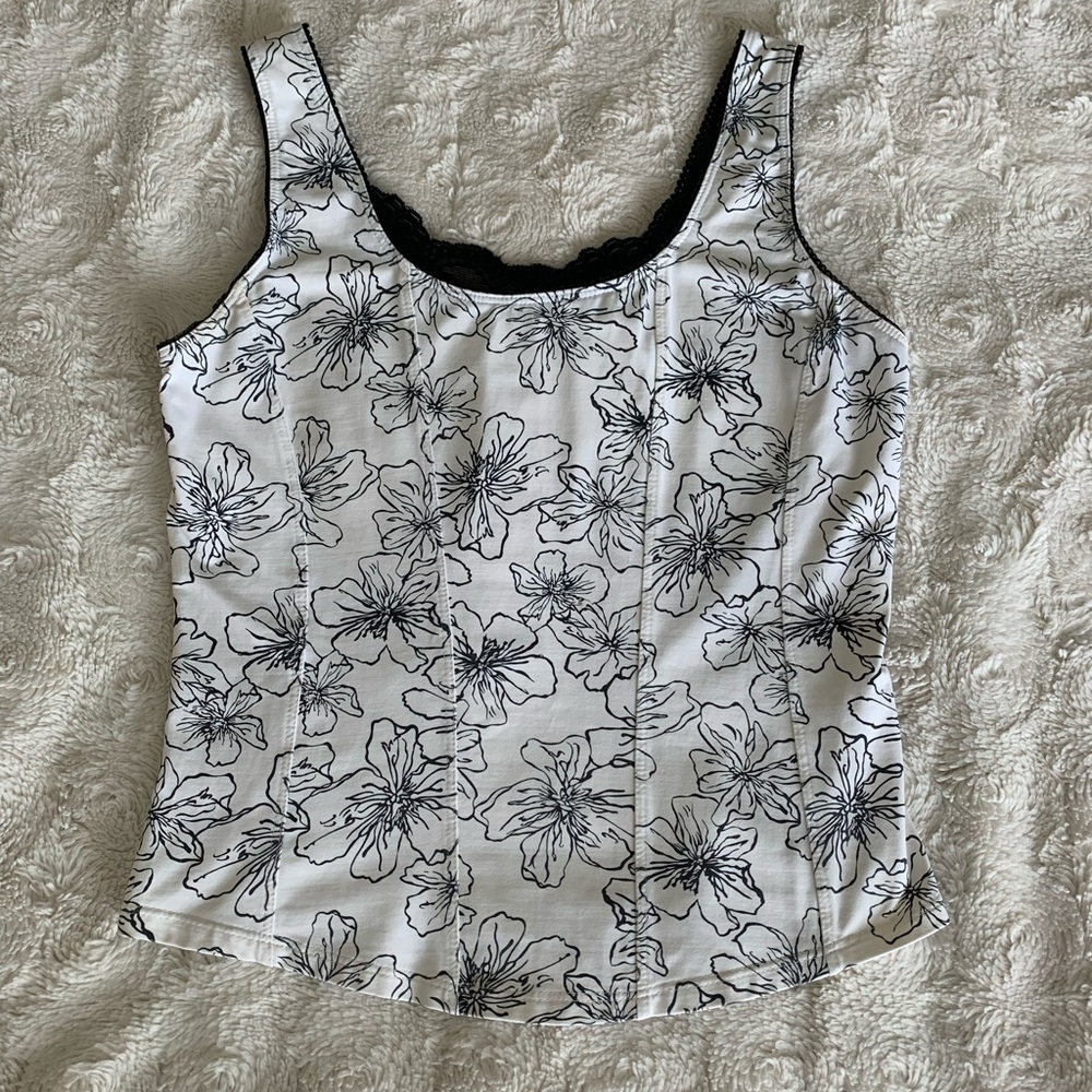 WHBM Hawaiian Floral White & Black Lace Tank Top